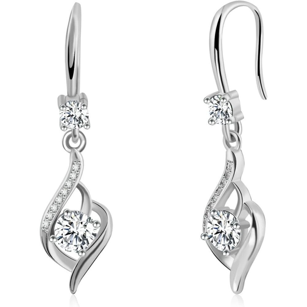 🆕 Women White Crystal Dangle Earrings Sterling Heart-Shaped Birthstone Jewelry